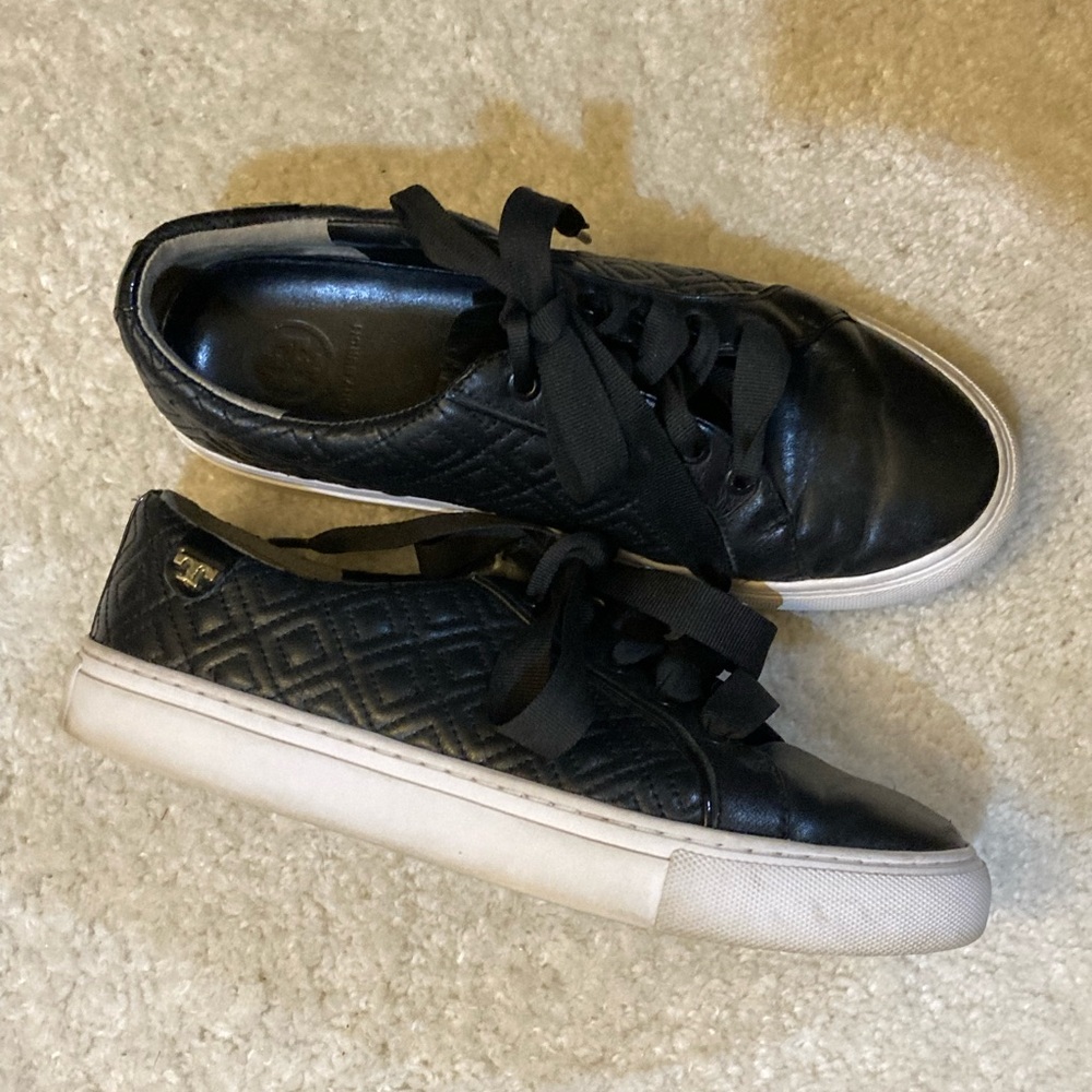 Tory Burch black leather patented sneakers